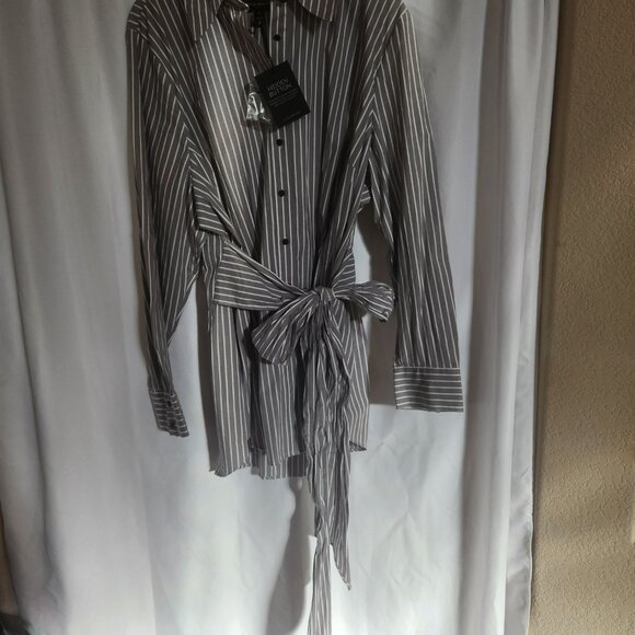 Lane Bryant NWT Wide Pinstripe Gray w/ white stripes cotton long tunic w/ bow - Picture 8 of 10
